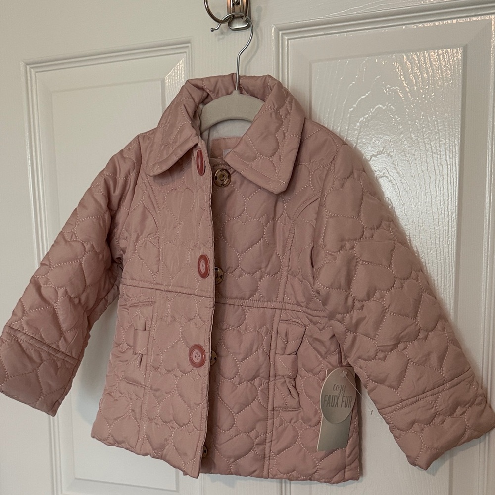 Girls' Quilted Pink Heart-Pattern Raincoat with Faux Fur Trim